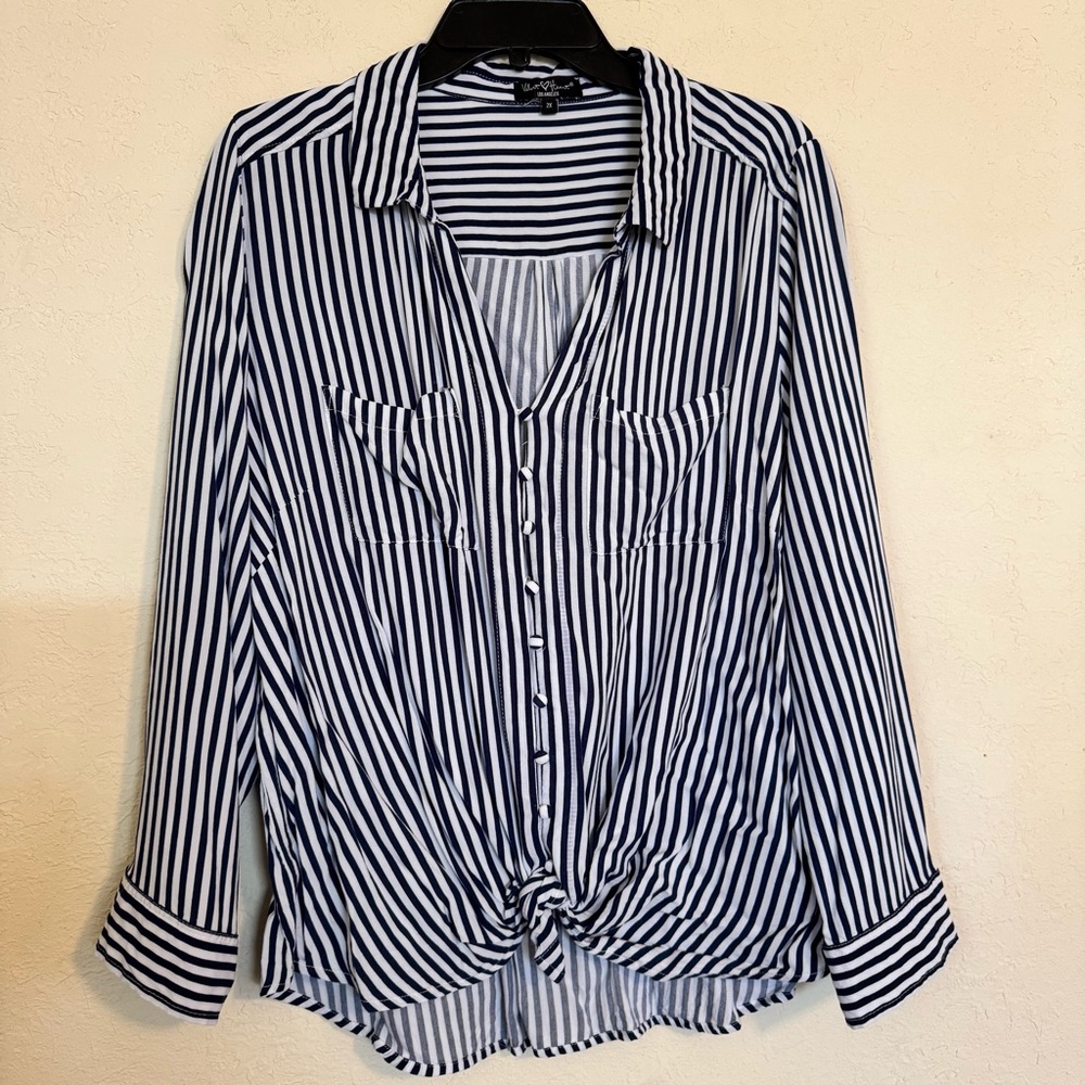 Striped Knot-Front Button-Up Shirt - Navy/White